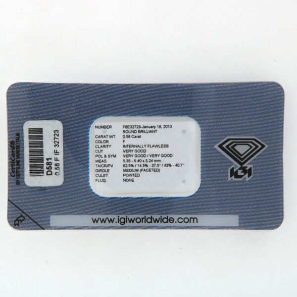 Diamante in Certificato IGI ct 0.58 F IF  F6E32723 - immagine 3