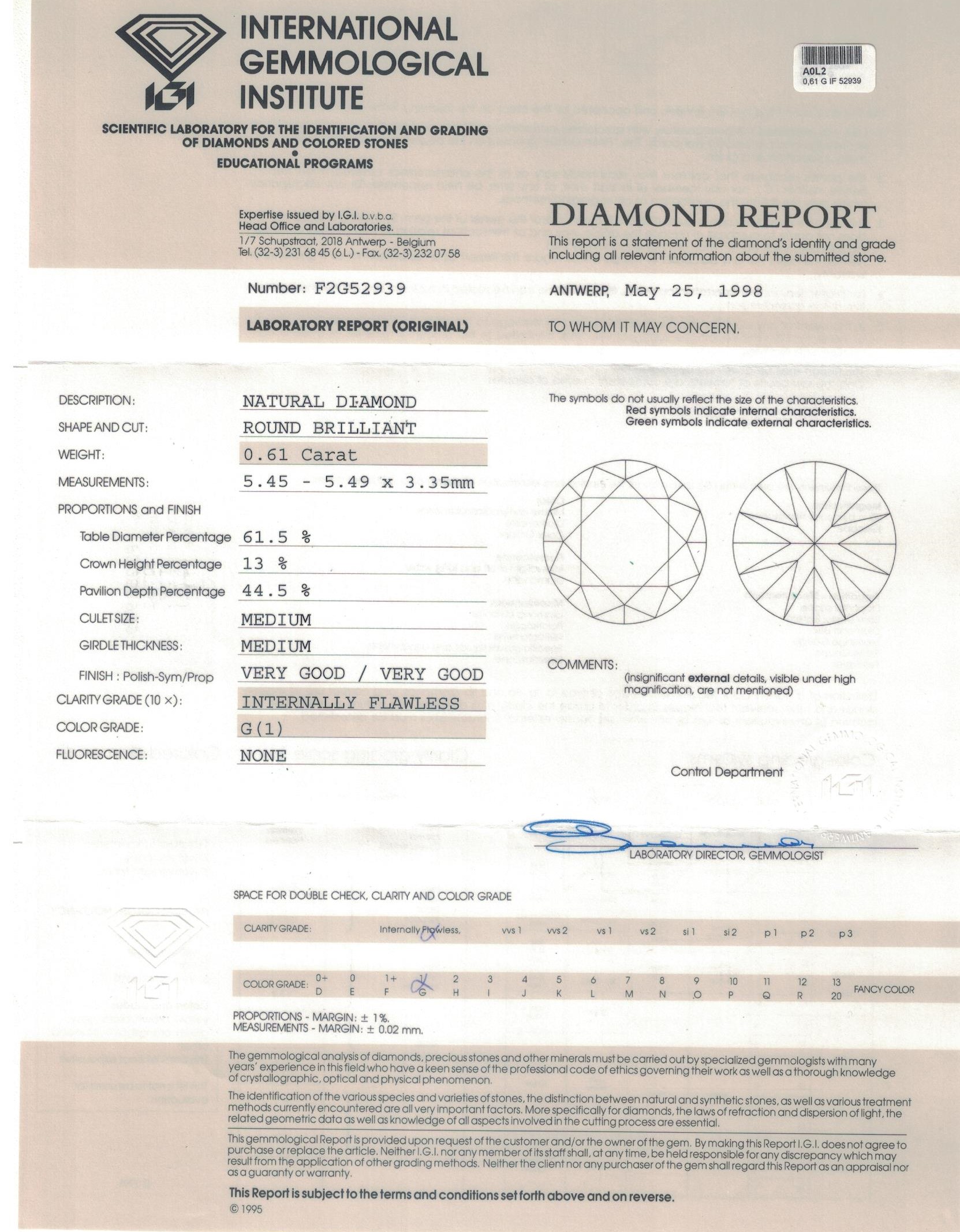 Diamante in Certificato IGI ct 0.61 G IF F2G52939 - immagine 2