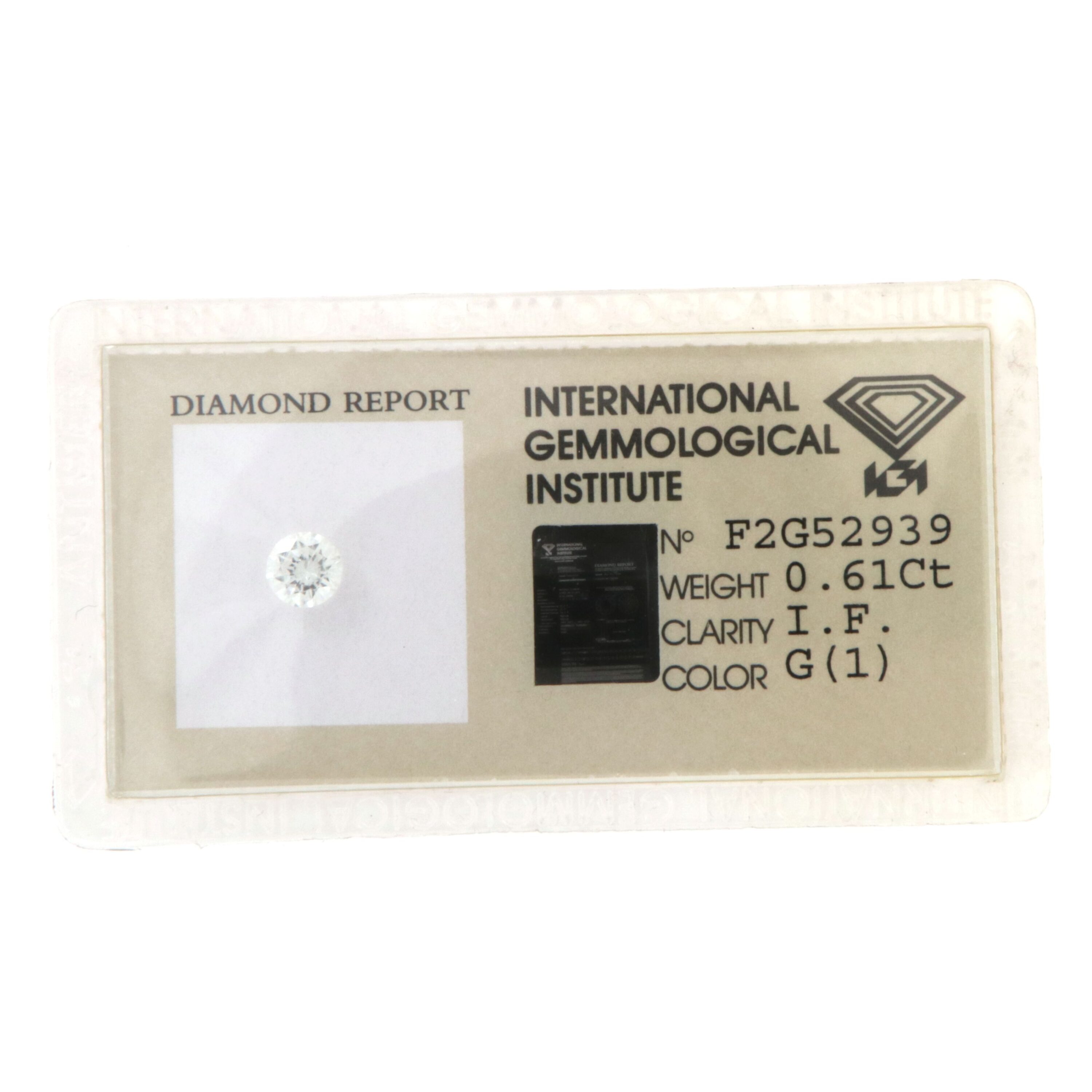 Diamante in Certificato IGI ct 0.61 G IF F2G52939