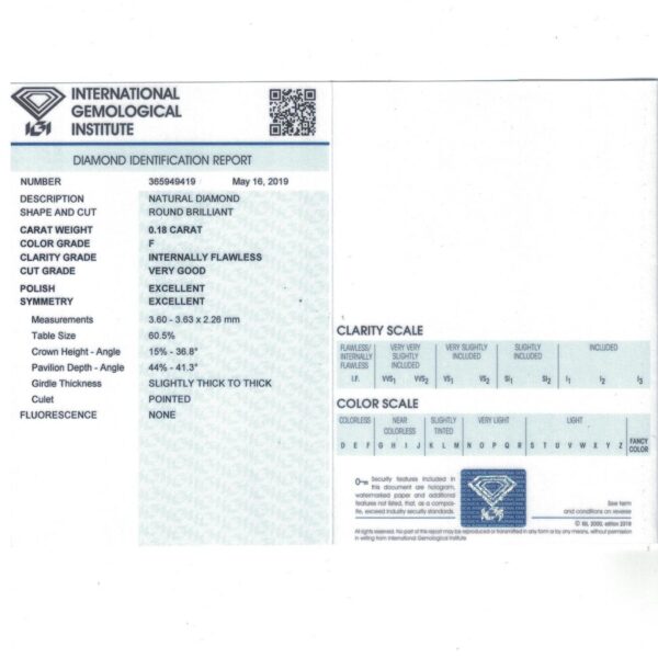 Diamante in Certificato IGI ct 0.18 F IF 365949419 - immagine 2