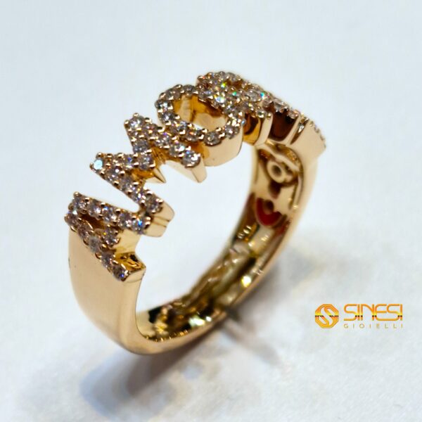 Anello oro giallo kt 18 scritta Amore con diamanti - immagine 3
