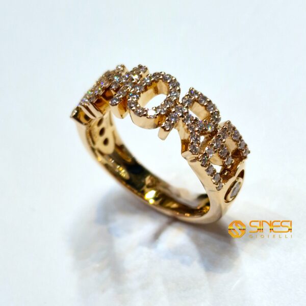 Anello oro giallo kt 18 scritta Amore con diamanti