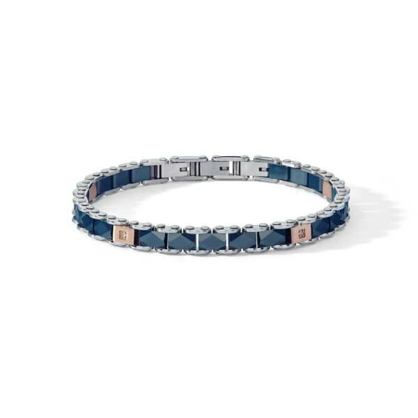 Bracciale in acciaio con Pvd rosè, ceramica blu e